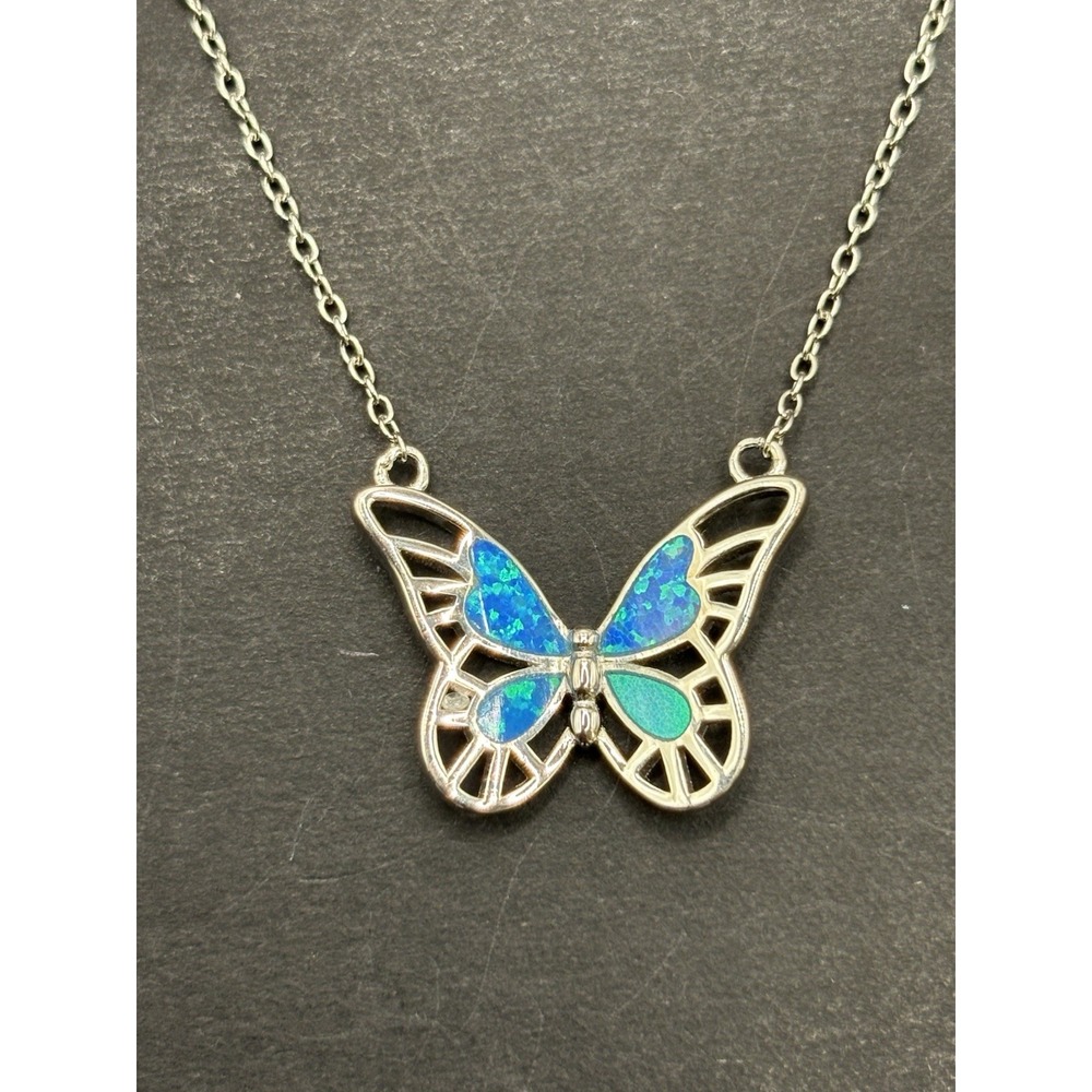 New Condition 18" Sterling Silver Lab Blue Opal Butterfly Pendant